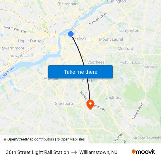 36th Street Light Rail Station to Williamstown, NJ map
