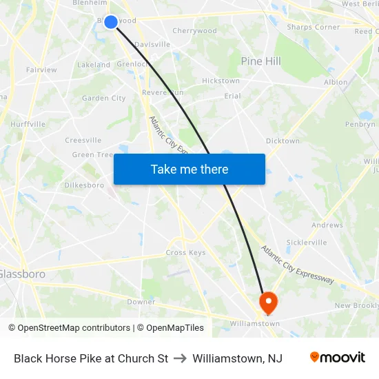 Black Horse Pike at Church St to Williamstown, NJ map