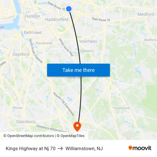 Kings Highway at Nj 70 to Williamstown, NJ map