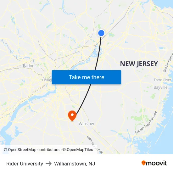 Rider University to Williamstown, NJ map