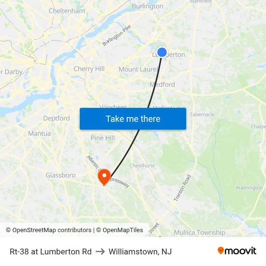 Rt-38 at Lumberton Rd to Williamstown, NJ map