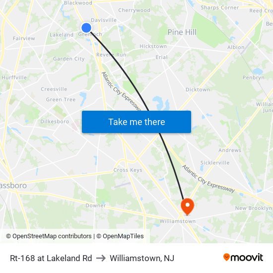 Rt-168 at Lakeland Rd to Williamstown, NJ map