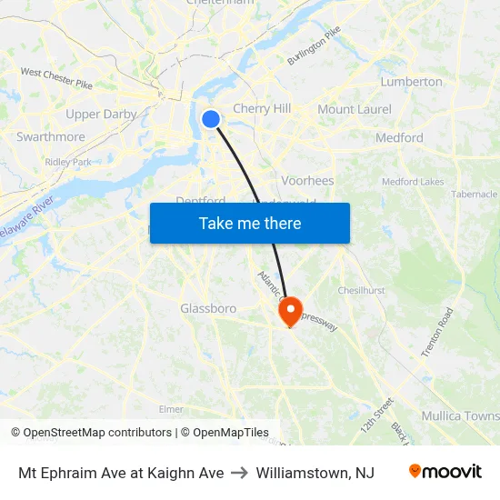 Mt Ephraim Ave at Kaighn Ave to Williamstown, NJ map