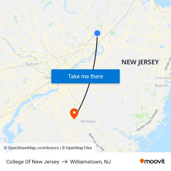 College Of New Jersey to Williamstown, NJ map