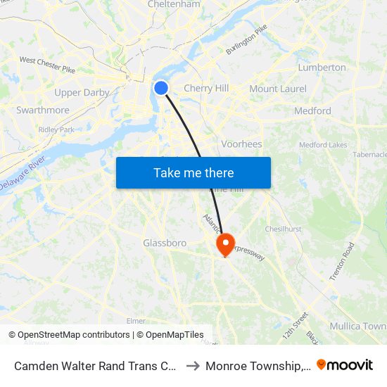 Camden Walter Rand Trans Center to Monroe Township, NJ map