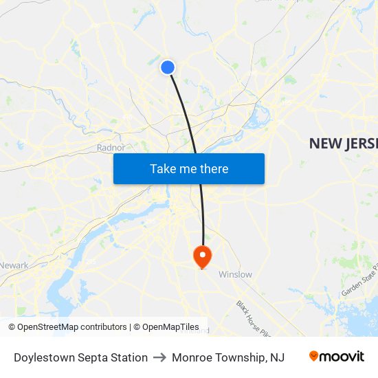 Doylestown Septa Station to Monroe Township, NJ map