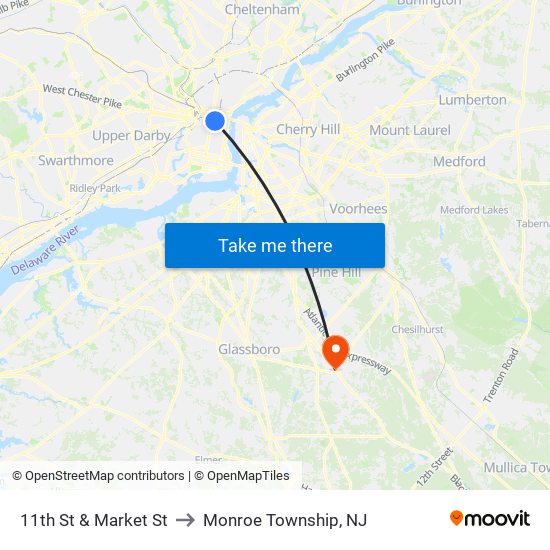 11th St & Market St to Monroe Township, NJ map
