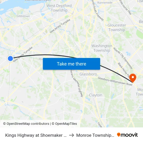 Kings Highway at Shoemaker Drive to Monroe Township, NJ map