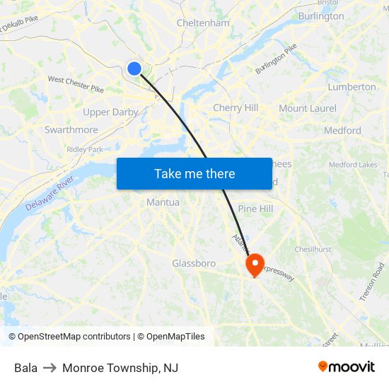 Bala to Monroe Township, NJ map