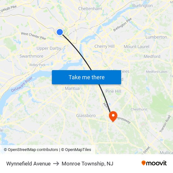 Wynnefield Avenue to Monroe Township, NJ map