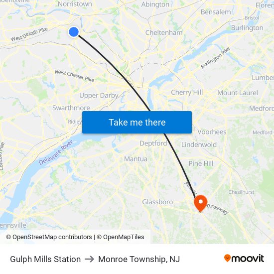 Gulph Mills Station to Monroe Township, NJ map