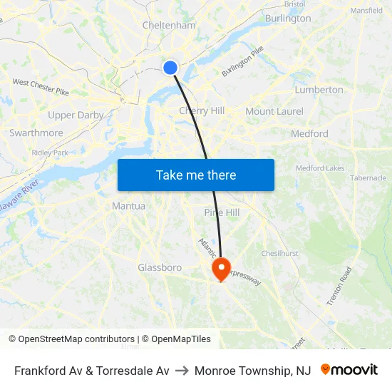 Frankford Av & Torresdale Av to Monroe Township, NJ map