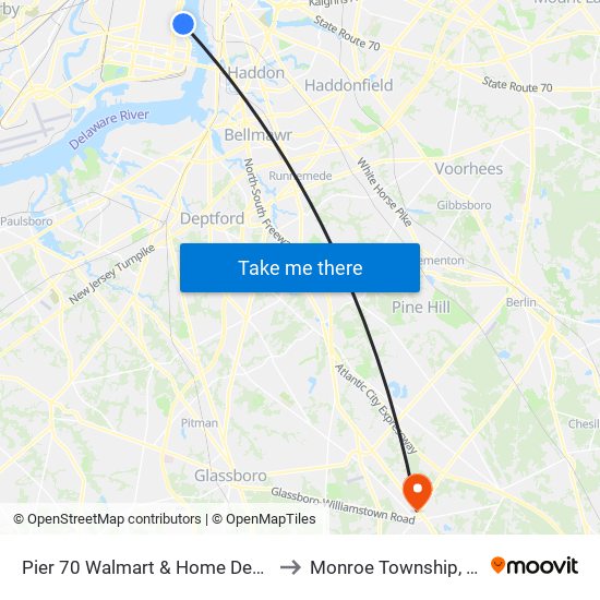 Pier 70 Walmart & Home Depot to Monroe Township, NJ map