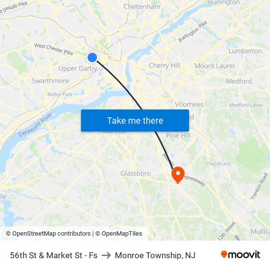 56th St & Market St - Fs to Monroe Township, NJ map