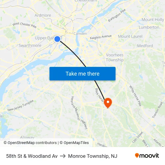 58th St & Woodland Av to Monroe Township, NJ map