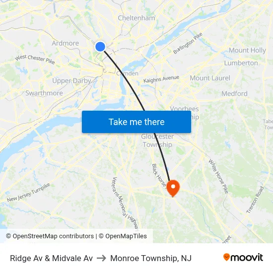 Ridge Av & Midvale Av to Monroe Township, NJ map