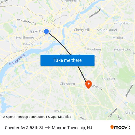 Chester Av & 58th St to Monroe Township, NJ map