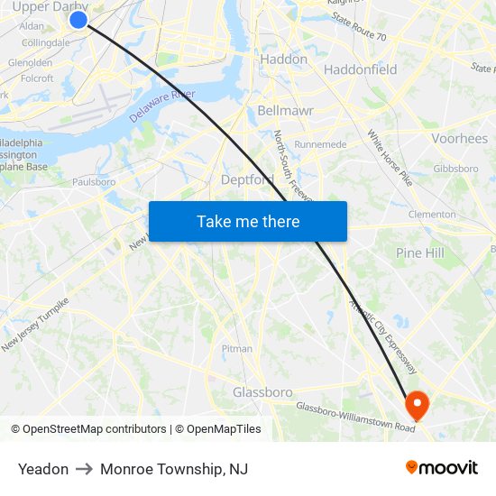 Yeadon to Monroe Township, NJ map