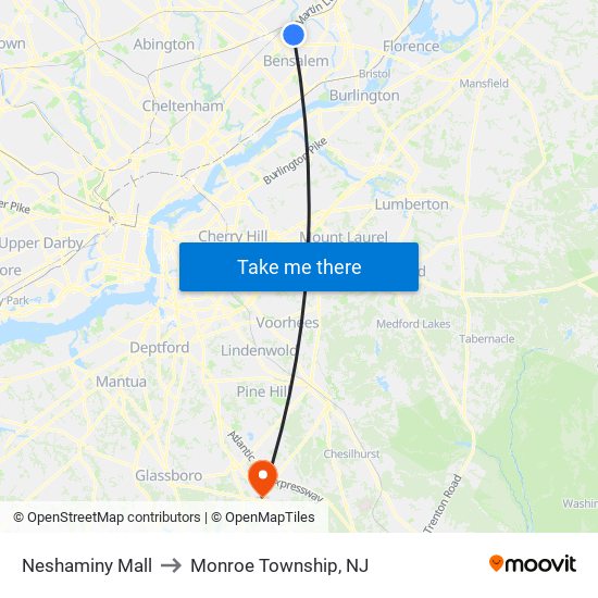 Neshaminy Mall to Monroe Township, NJ map