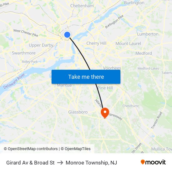 Girard Av & Broad St to Monroe Township, NJ map