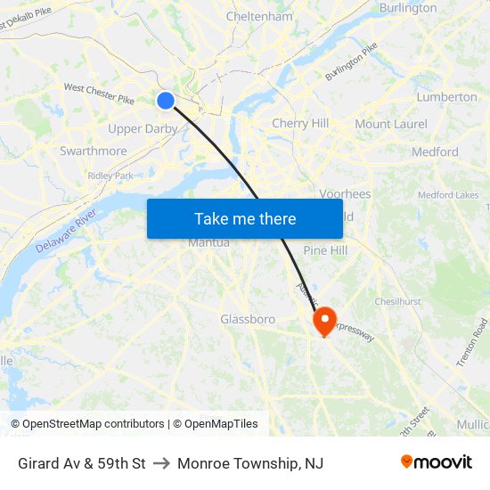 Girard Av & 59th St to Monroe Township, NJ map