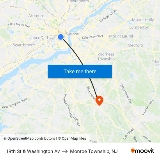 19th St & Washington Av to Monroe Township, NJ map