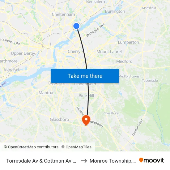 Torresdale Av & Cottman Av Loop to Monroe Township, NJ map