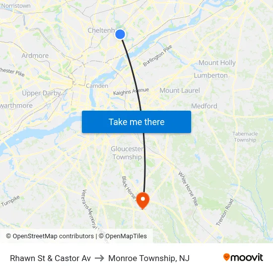 Rhawn St & Castor Av to Monroe Township, NJ map