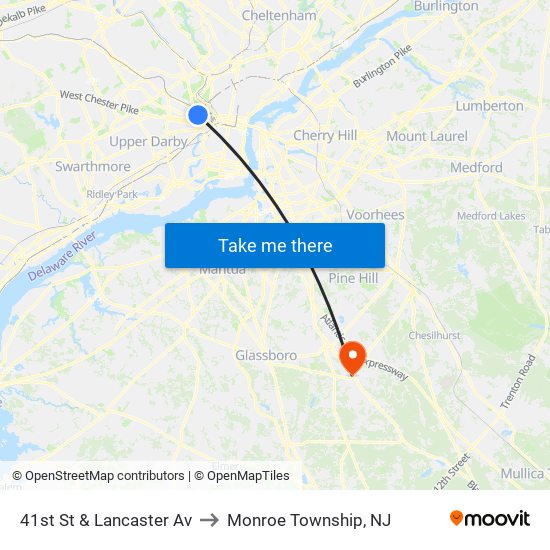 41st St & Lancaster Av to Monroe Township, NJ map