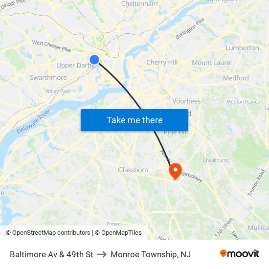 Baltimore Av & 49th St to Monroe Township, NJ map
