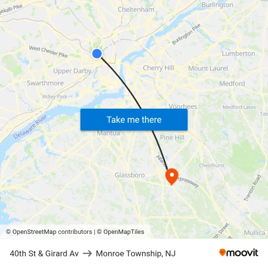 40th St & Girard Av to Monroe Township, NJ map