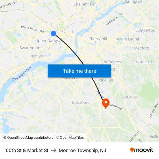 60th St & Market St to Monroe Township, NJ map