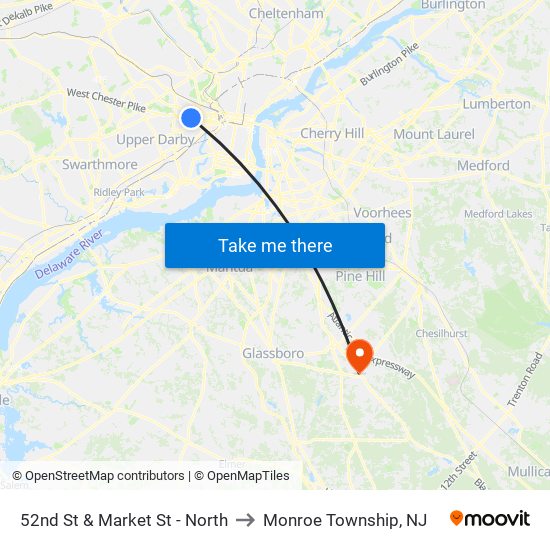 52nd St & Market St - North to Monroe Township, NJ map