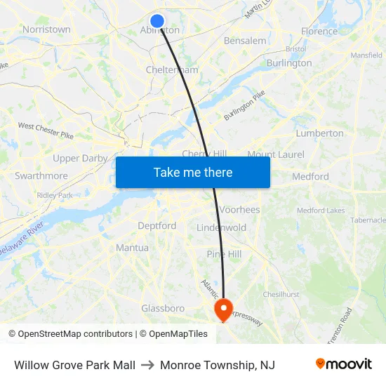 Willow Grove Park Mall to Monroe Township, NJ map