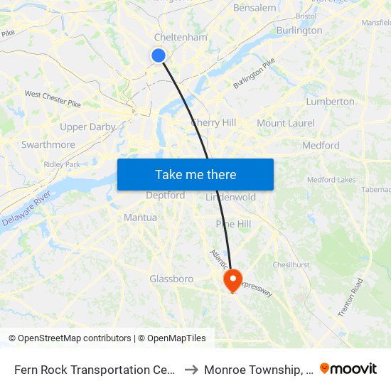 Fern Rock Transportation Center to Monroe Township, NJ map