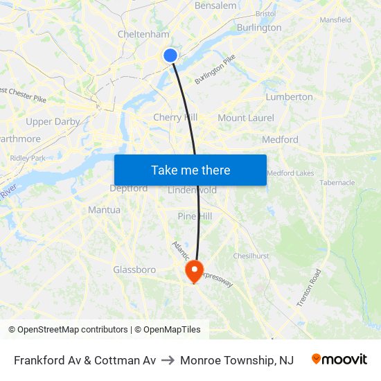 Frankford Av & Cottman Av to Monroe Township, NJ map