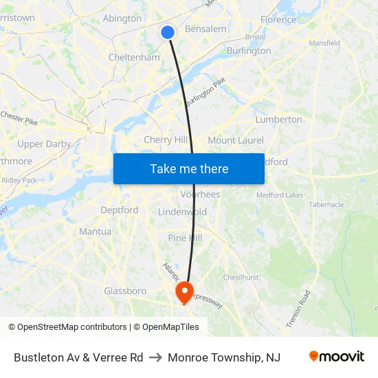 Bustleton Av & Verree Rd to Monroe Township, NJ map