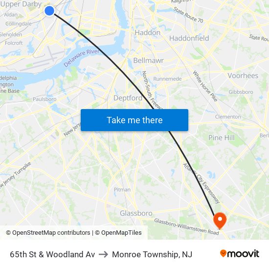 65th St & Woodland Av to Monroe Township, NJ map
