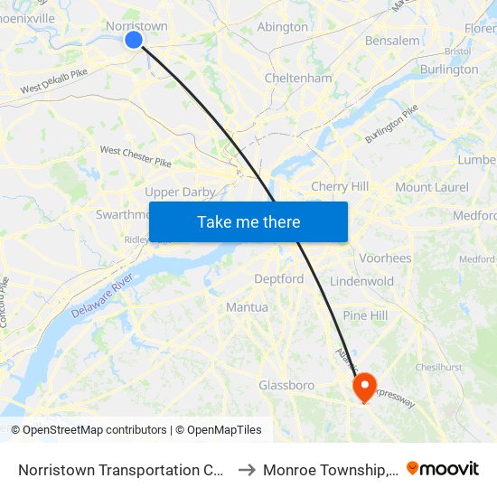 Norristown Transportation Center to Monroe Township, NJ map