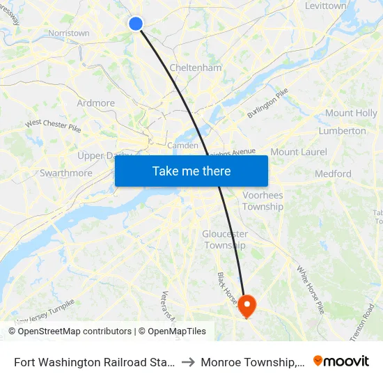Fort Washington Railroad Station to Monroe Township, NJ map