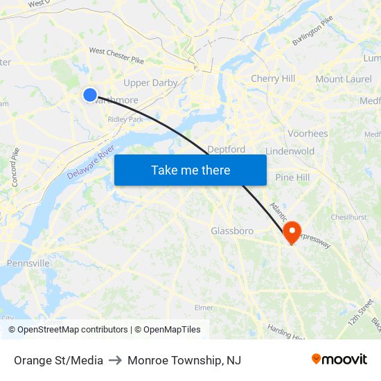 Orange St/Media to Monroe Township, NJ map