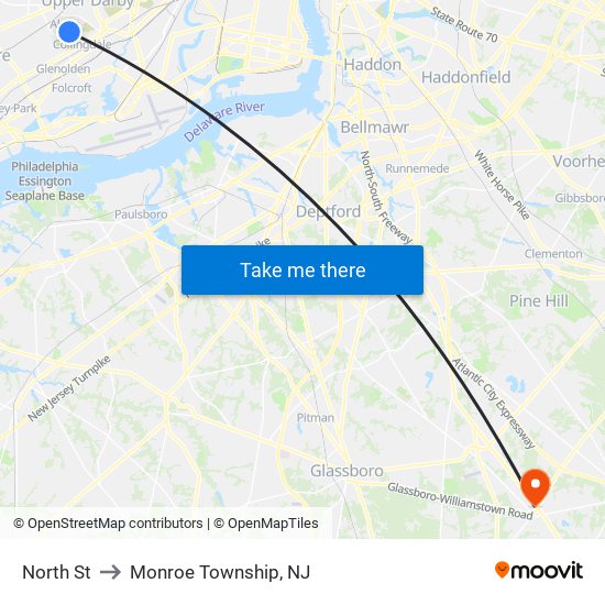 North St to Monroe Township, NJ map