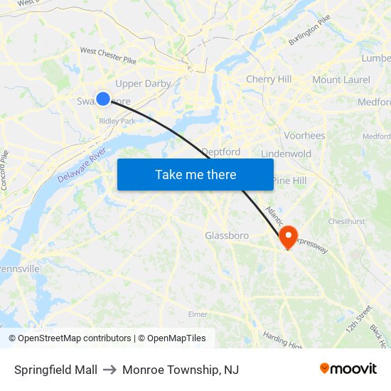 Springfield Mall to Monroe Township, NJ map