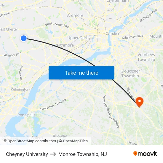 Cheyney University to Monroe Township, NJ map