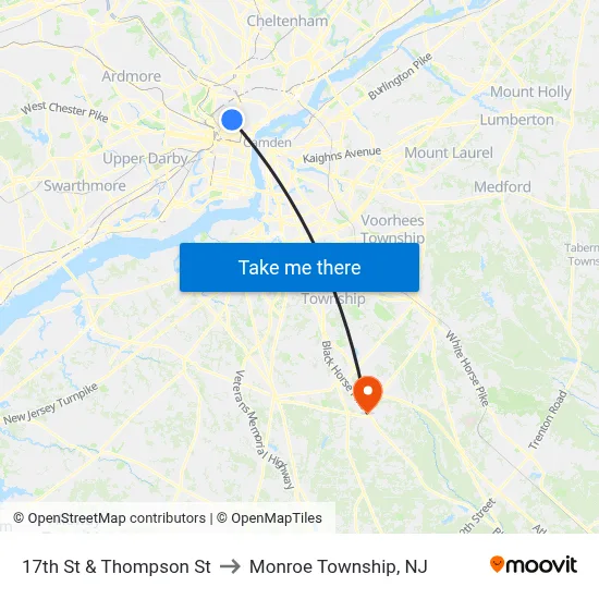 17th St & Thompson St to Monroe Township, NJ map