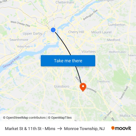 Market St & 11th St - Mbns to Monroe Township, NJ map