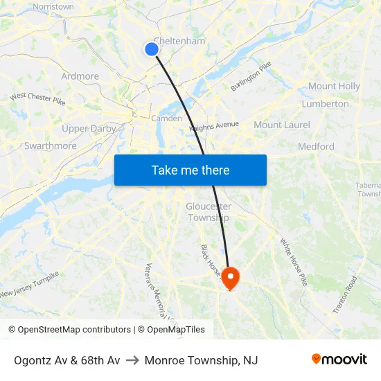 Ogontz Av & 68th Av to Monroe Township, NJ map