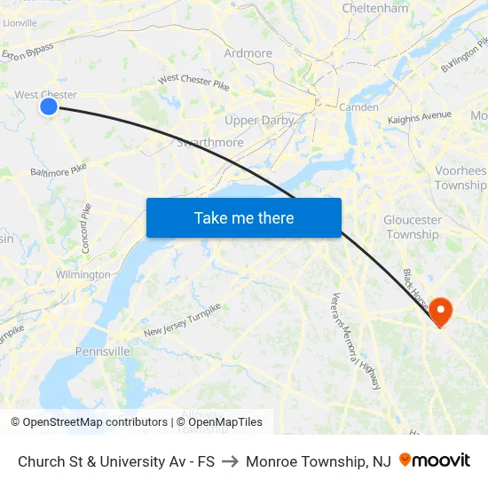 Church St & University Av - FS to Monroe Township, NJ map