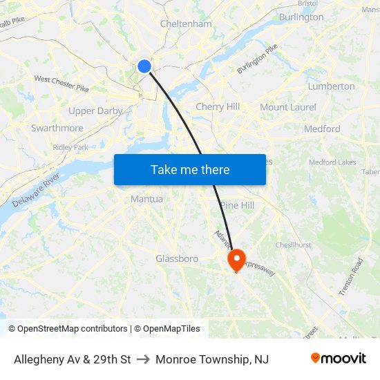 Allegheny Av & 29th St to Monroe Township, NJ map