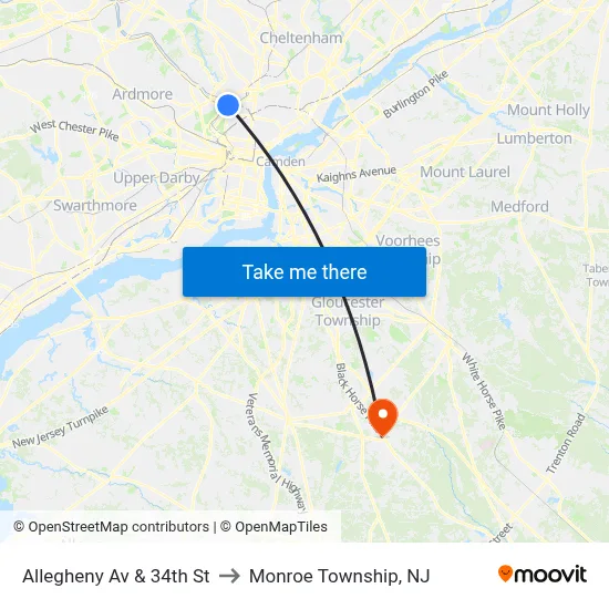Allegheny Av & 34th St to Monroe Township, NJ map